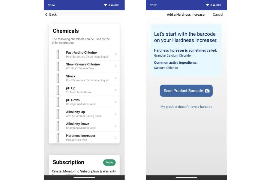 crystal water monitor app showing chemical additions