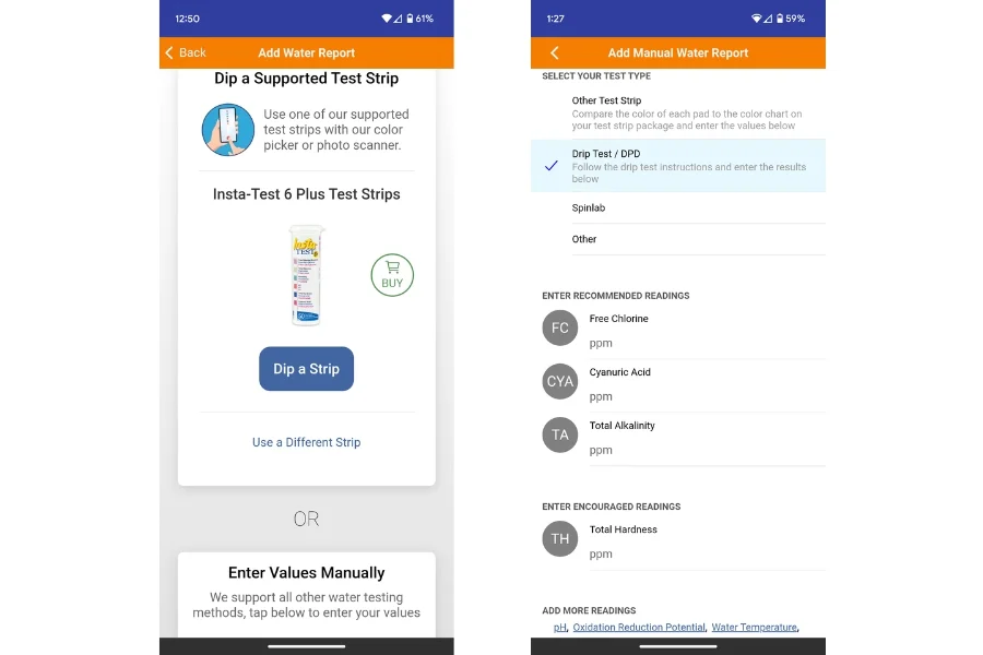crystal water monitor app showing testing additions