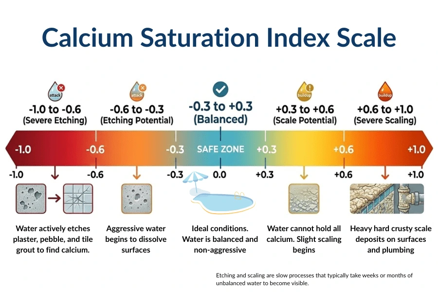 Calcium saturation index (CSI) scale for swimming pools